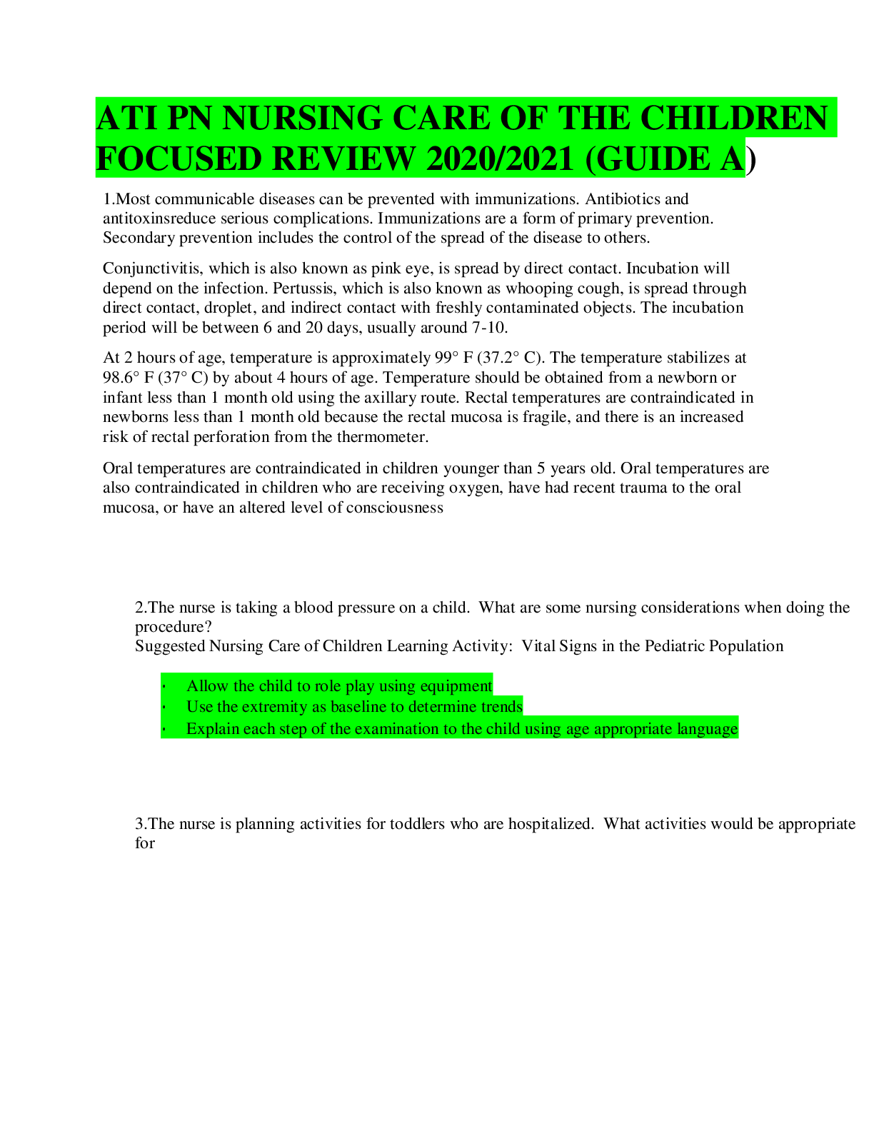 Preview image for ATI PN NURSING CARE OF THE CHILDREN FOCUSED REVIEW 2020/2021 (GUIDE A)